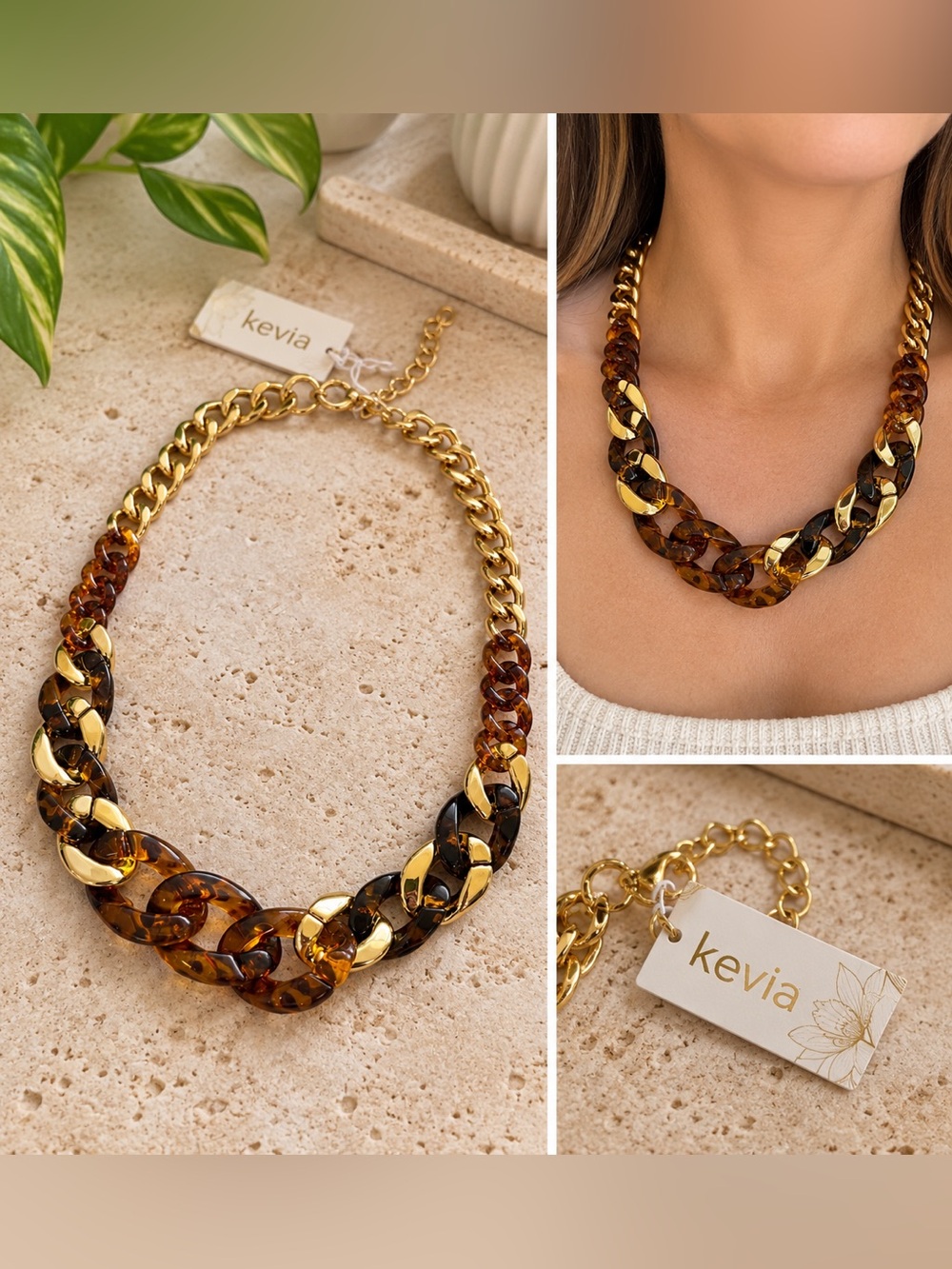 NWT Kevia Gold & Tortoiseshell Resin Chunky Chain Necklace